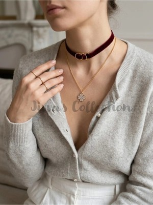 Jivva's Collection Bordo Kadife Altın Sarı Zincirli ve Zirkon Yonca Detaylı Choker Kolye. Özel Tasarım