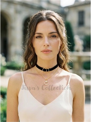 Jivva's Collection Siyah Kadife Altın Renk Zincirli Halka Detaylı Choker Kolye.altın Rengi Ayyıldız Sallantılı Detayla.