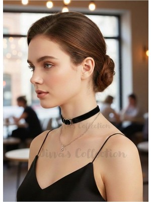 Jivva's Collection Siyah Kadife Çift Zincirli Halka Detaylı Choker Kolye. Ay Yıldız Sallantılı Detayla. Özel Tasarım