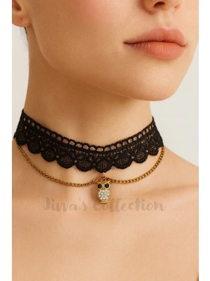 Jivva's Collection Gotik Siyah Dantel Kolye. Dantel Choker Kolye Ayarlanabilir Zincir. Baykuş Zirkon Taş Detaylı