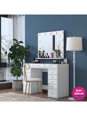 Rani BJ184 Hollywood Işıklı Aynalı  Makyaj Masası Cam Tablalı Fiyonk Sandalye Takım Beyaz