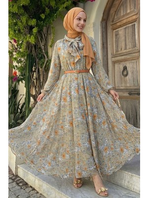 inStyle Soft Desen Yakası Kuşaklı Mint Yeşili Şifon Elbise
