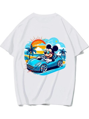 Brz Collection Unisex Oversize Mickey Mouse Tatilde T-Shirt (Beyaz)