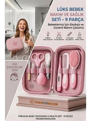 SHC4200 Pembe 9 Parça Bebek Bakım Seti, Yenidoğan Hediye Kiti (Tırnak Makası Ateş Ölçer