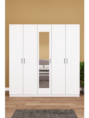 Asra Trend Lüks 5 Kapaklı Çekmeceli Gardırop %100 MDF Askılı Aynalı Düzenleyici Elbise Dolabı G-04