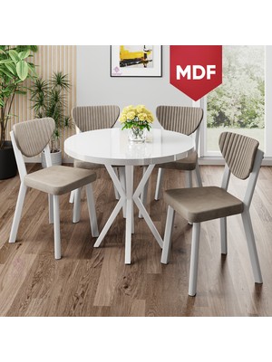 Canisa Agnes Serisi 90 x 90 MDF Yuvarlak Beyaz Masa Takımı ve 4 Cappucino Sandalye