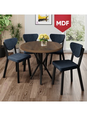 Canisa Agnes Serisi 90 x 90 MDF Yuvarlak Barok Ahşap Desen Masa Takımı ve 4 Antrasit Sandalye