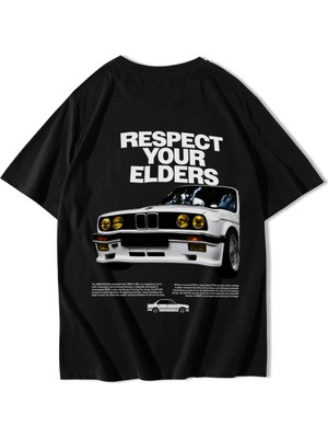Brz Collection Unisex Oversize Respect Your Elders Bmw T-Shirt Siyah