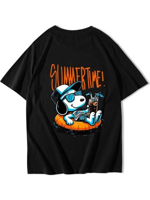 Brz Collection Unisex Oversize Summertime Snoopy T-Shirt Siyah