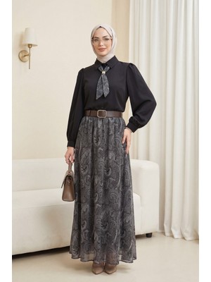 Moda Morfo Boydan Düğmeli Kolları Büzgü Detay Eteği Etnik Desenli Takım -Siyah