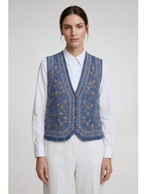Saade Mavi Kadın V Yaka Çiçek Nakışlı Düğmeli Denim Yelek