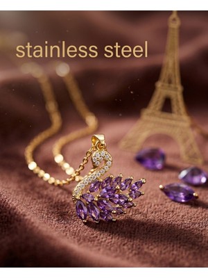 Stainless Steel Gold Renk Beyaz Mor Zirkon Taşlı Kuğu Model Kararmaz Model Çelik Kolye