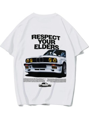 Brz Collection Unisex Oversize Respect Your Elders Bmw T-Shirt (Beyaz)