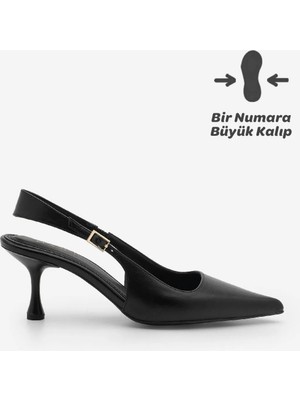 Marjin Kadın Stiletto Sivri Burun Ayarlanabilir Kalın Bantlı Atkılı Kısa Klasik Topuklu Ayakkabı Riyona Siyah