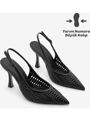 Marjin Kadın Stiletto Sivri Burun Arkası Açık V Yaka El Örgüsü Klasik Topuklu Ayakkabı Nules Siyah