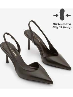 Marjin Kadın Stiletto Sivri Burun Arkası Açık V Yaka Atkılı Ince Topuklu Ayakkabı Esvin Kahve