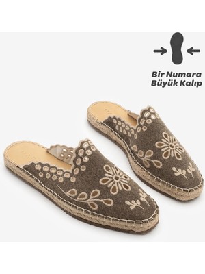 Marjin Kadın Keten Nakışlı Desenli Önü Kapalı Jüt Espadril Terlik Talune Vizon Keten
