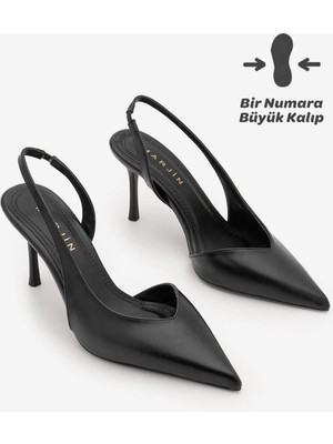 Marjin Kadın Stiletto Sivri Burun Arkası Açık V Yaka Atkılı Ince Topuklu Ayakkabı Esvin Siyah