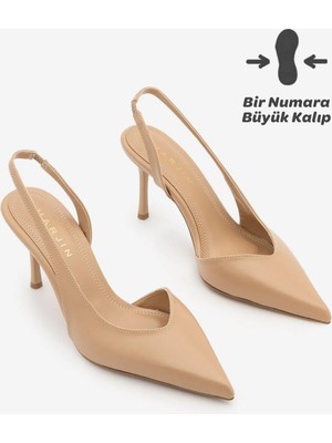 Marjin Kadın Stiletto Sivri Burun Arkası Açık V Yaka Atkılı Ince Topuklu Ayakkabı Esvin Bej