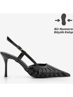 Marjin Kadın Stiletto Sivri Burun Arkadan Bantlı Şerit Detaylı Fileli Klasik Topuklu Ayakkabı Sivon Siyah