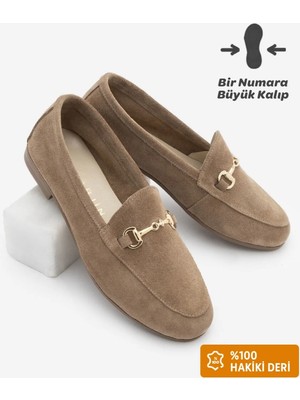 Marjin Kadın Hakiki Deri Zincirli Loafer Günlük Ayakkabı Tanle Taba Süet