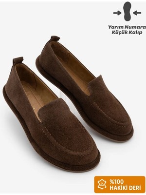 Marjin Kadın Hakiki Deri Loafer Maskülen Dikiş Detaylı Günlük Ayakkabı Zinley Kahve Süet