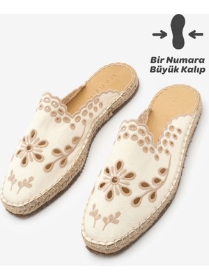 Marjin Kadın Keten Nakışlı Desenli Önü Kapalı Jüt Espadril Terlik Talune Ekru Keten