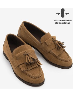 Marjin Kadın Loafer Püsküllü Günlük Ayakkabı Petlin Taba Süet