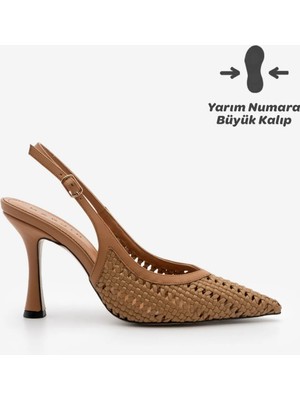 Marjin Kadın Stiletto Sivri Burun Arkası Açık V Yaka El Örgüsü Klasik Topuklu Ayakkabı Nules Taba