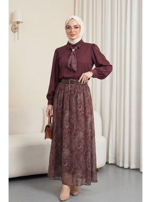 Moda Morfo Boydan Düğmeli Kolları Büzgü Detay Eteği Etnik Desenli Takım -Bordo