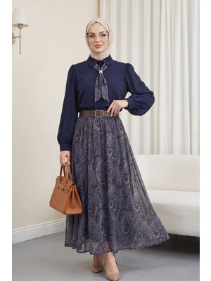Moda Morfo Boydan Düğmeli Kolları Büzgü Detay Eteği Etnik Desenli Takım -K.Laci