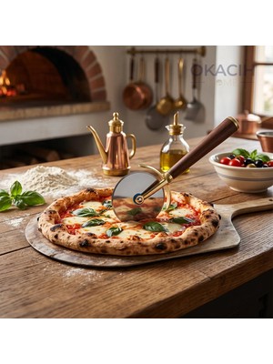 Okacih Woodcut Akasya Saplı Pizza Kesici – Paslanmaz Çelik Bıçaklı Profesyonel Pizza Dilimleme Ruleti