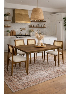 Lif Mobilya 4 Kişilik Ceviz Renk Hasır Sandalye Yemek Takımı Mdf Masa 70 x 140 cm Koyu Ceviz Renk