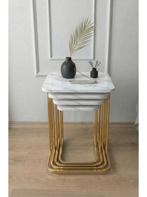 Sofex 4'lü Tekerlekli Modern Zigon Sehpa  ( Gold Carrara )