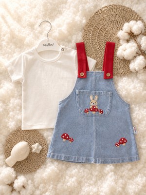 Aslin Store Tavşan Mantar Işleme Detaylı Kız Bebek Salopet Elbiseli 2 Li Takım