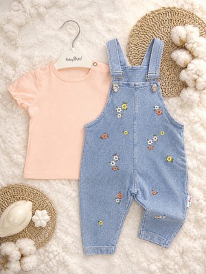 Aslin Store Minik Çiçek Işleme Detaylı Kısa Kollu Kız Bebek Salopetli 2 Li Takım
