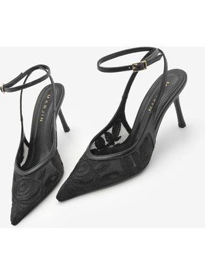 Marjin Kadın Stiletto Bilekten Bağlamalı Dantel Nakışlı Fileli Klasik Topuklu Ayakkabı Limez Siyah