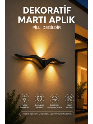 Edison Dekoratif Martı LED Aplik - Duvar Tipi LED Aplik- 12 W 3000K Iç ve Dış Mekan Siyah Kasa 220 V Enerji