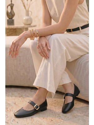 Stilbagshoes Suzy Bilek Toka Detaylı Kadın Babet Cilt Siyah