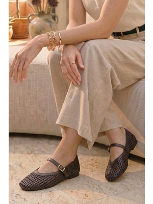 Stilbagshoes Gilda Küt Burun Hasır Detaylı Kadın Babet Kahve