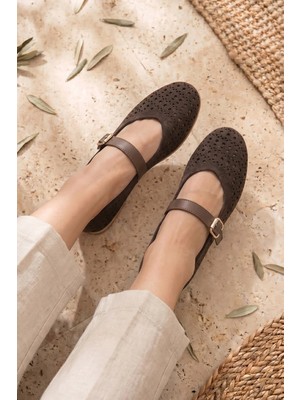 Stilbagshoes Kayla Lazer Baskılı Hakiki Deri Kadın Babet Kahve