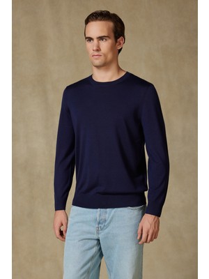 Abbate Salvano Örme %100 Yün Modern Fit Lacivert Bisiklet Yaka Erkek Düz Triko