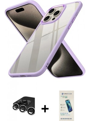 İlk El Grup Pilelistore™ iPhone 15 Pro Max Kılıf Nova Işık Serisi - Şeffaf Pasifik Cam Ekran Koruyucu + Raze Metal Kamera Lens - Gs