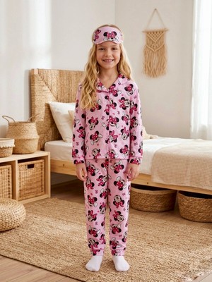Enie Kız Çocuk Pembe Karakter Desenli 4 Mevsim Pijama Takımı + Göz Bandı