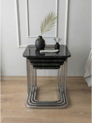 Sofex 4'lü Tekerlekli Modern Zigon Sehpa ( Krom Siyah Carrara )