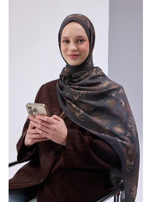 Silk Home Viskon Mayda Şal Antrasit Zeminli Kahve Tonlu Desenli Yumuşak Dokulu 190X70