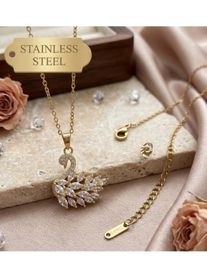 Stainless Steel Gold Renk Beyaz Zirkon Taşlı Kuğu Model Kararmaz Çelik Kolye