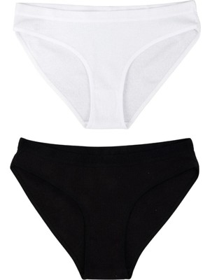 Eslara Kadın 2'li Pamuklu Fitilli Bikini Külot Seti - Siyah-Beyaz