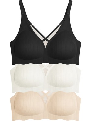 Cottonhill Seamless Bra - Liny | Lazer Kesim Dikişsiz Çizgi Desenli Dekolteli Kadın Sütyen 3'lü Paket