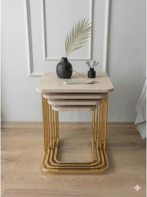 Sofex 4'lü Tekerlekli Modern Zigon Sehpa ( Gold Traverten )